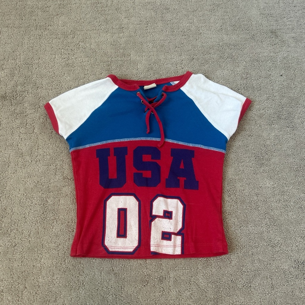 Urban Outfitters Red and Blue Jersey Top USA Design